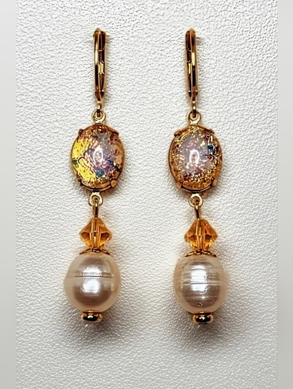 Victorian Pink Fire Opal & White Baroque Pearl In Gold Plated Drop Earrings